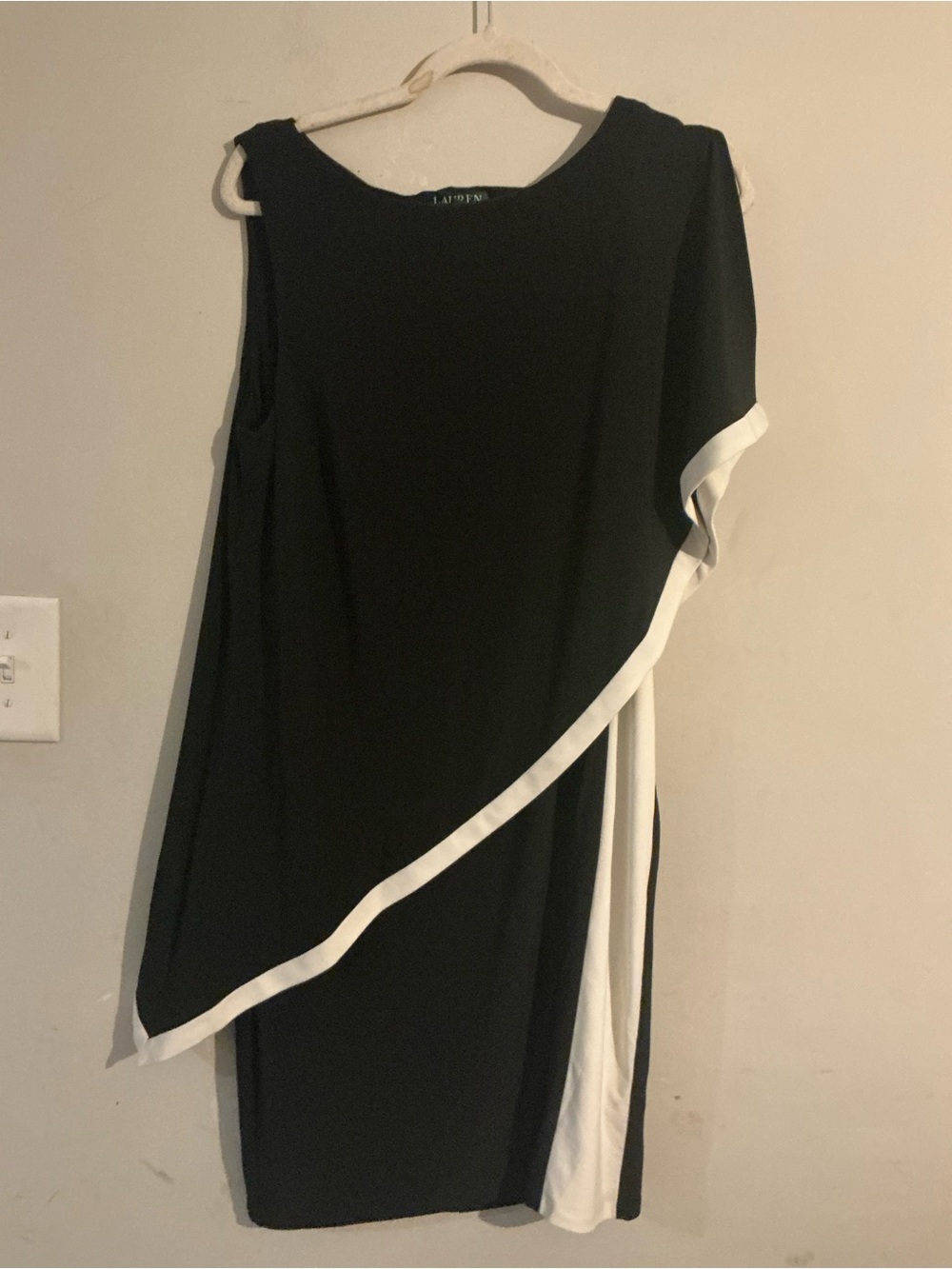 Ralph Lauren Black Dress with White Trim Asymmetric Overlay